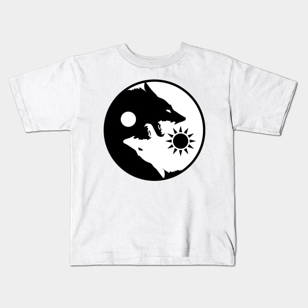 The Wolves Within Yin and Yang Symbol Kids T-Shirt by Mandra